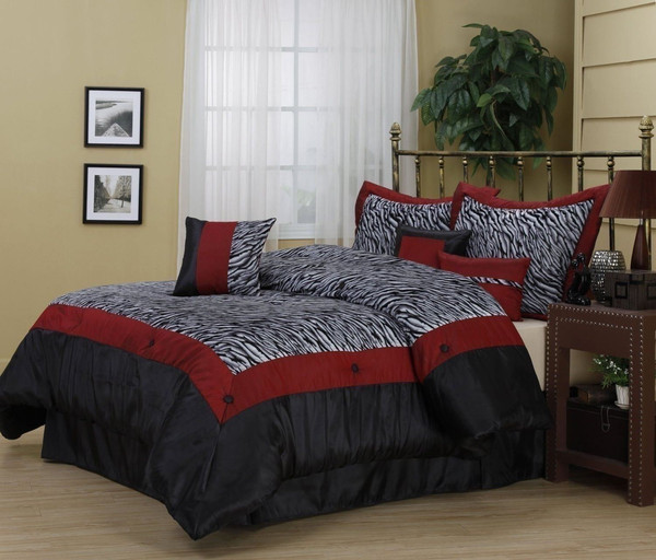 Queen King Bed Red Black White Zebra Print Faux Fur 7 Pc Comforter Set Bedding Ebay