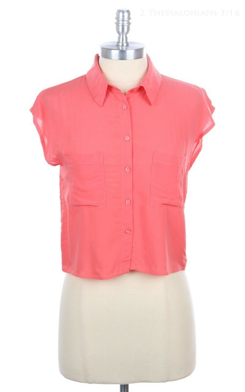 Women's Cropped Cap Sleeve Button Down Shirt Blouse Top Chest Pocket ...