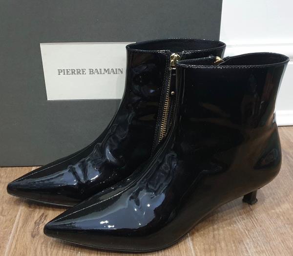 black patent leather kitten heel boots
