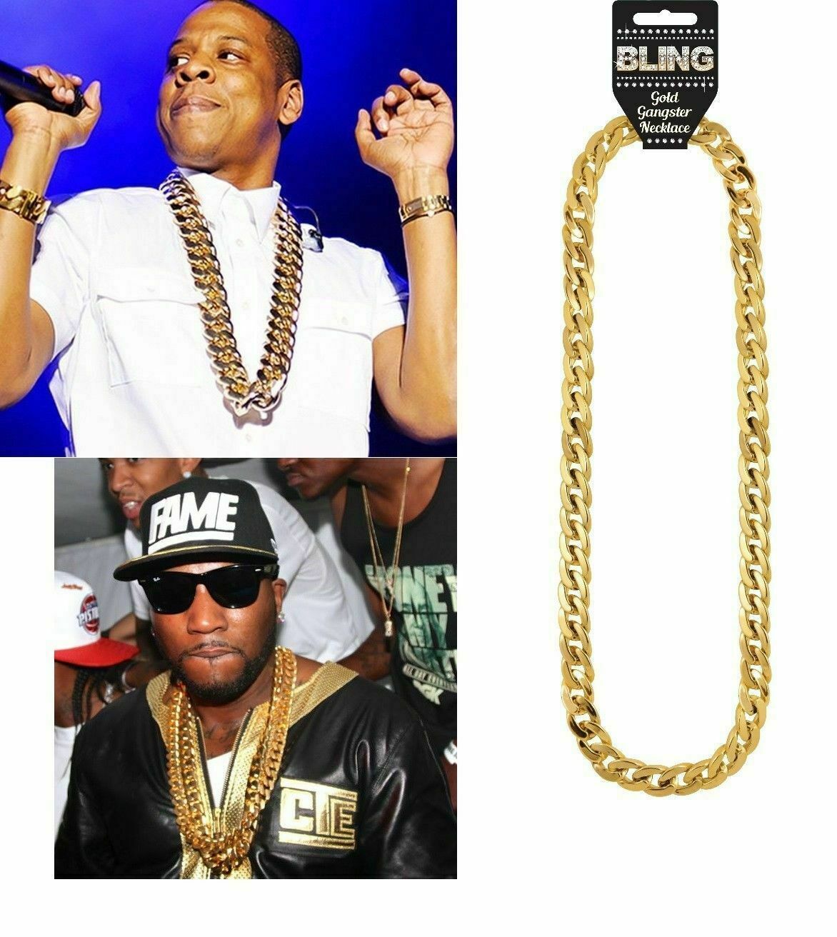 GOLD GANGSTER NECKLACE Fancy Dress Jewellery Bling Gold Chain Chunky Gold