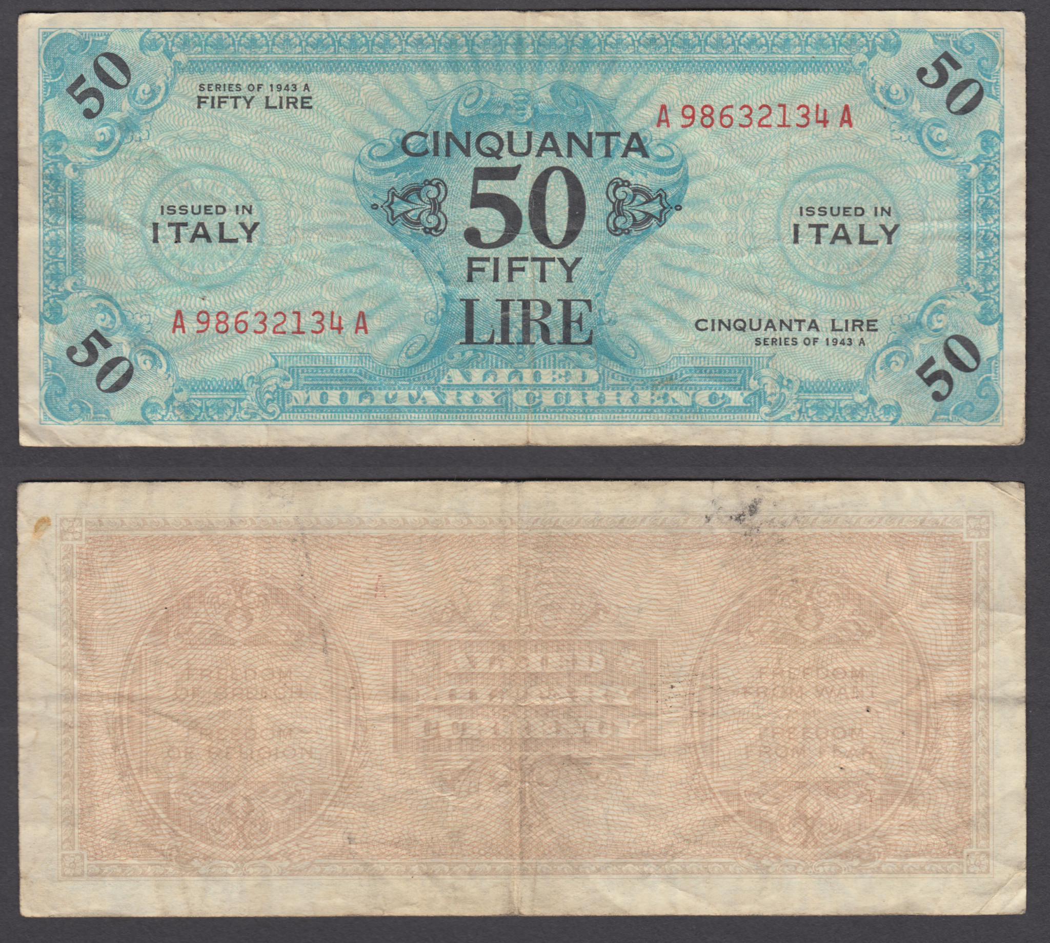 Italy 50 Lire 1943 A (F-VF) Condition Banknote P-M20a AMC ...