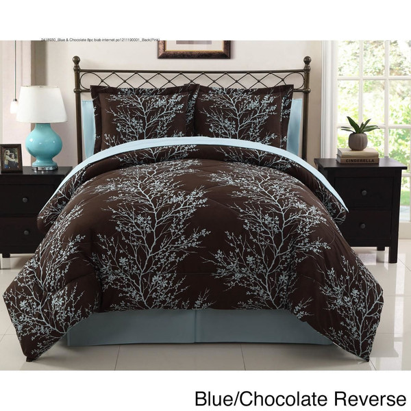 Brown Blue Nature Tree Branches Leaves 8 Pc Comforter Set Queen