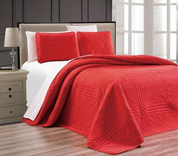 Full Queen Cal King Solid Primary Red 3 Pc Quilt Set Coverlet