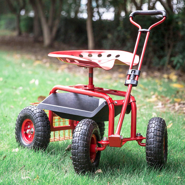 Red Outdoor Garden Swivel Seat Rolling Weeding Chair Wheels