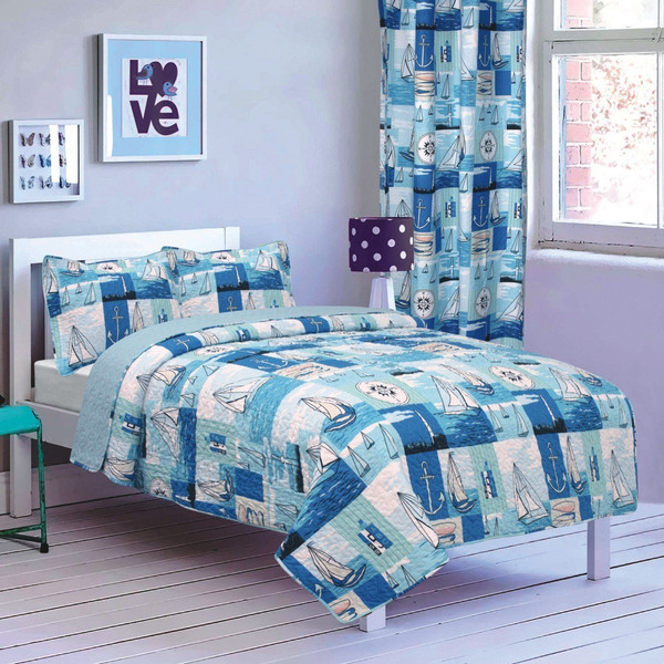 Twin Bed Ocean Blue Sailboat Nautical Pattern 2 Pc Quilt Set