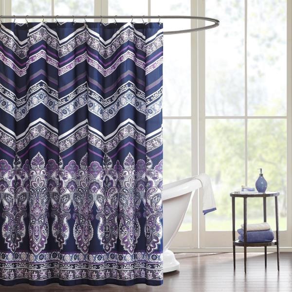 Purple Navy Blue White Fabric Shower, Shower Curtain Purple