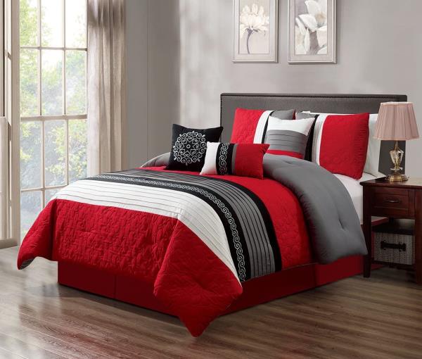 Red Black Gray Pintuck Striped 7 Pc Comforter Set Twin Full Queen Cal King Bed Comforters Sets Home Garden