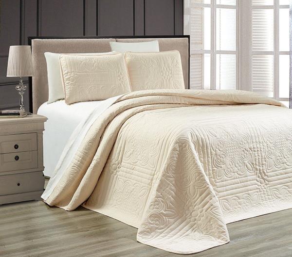 Full Queen Cal King Solid Ivory Cream 3 Pc Quilt Set Coverlet