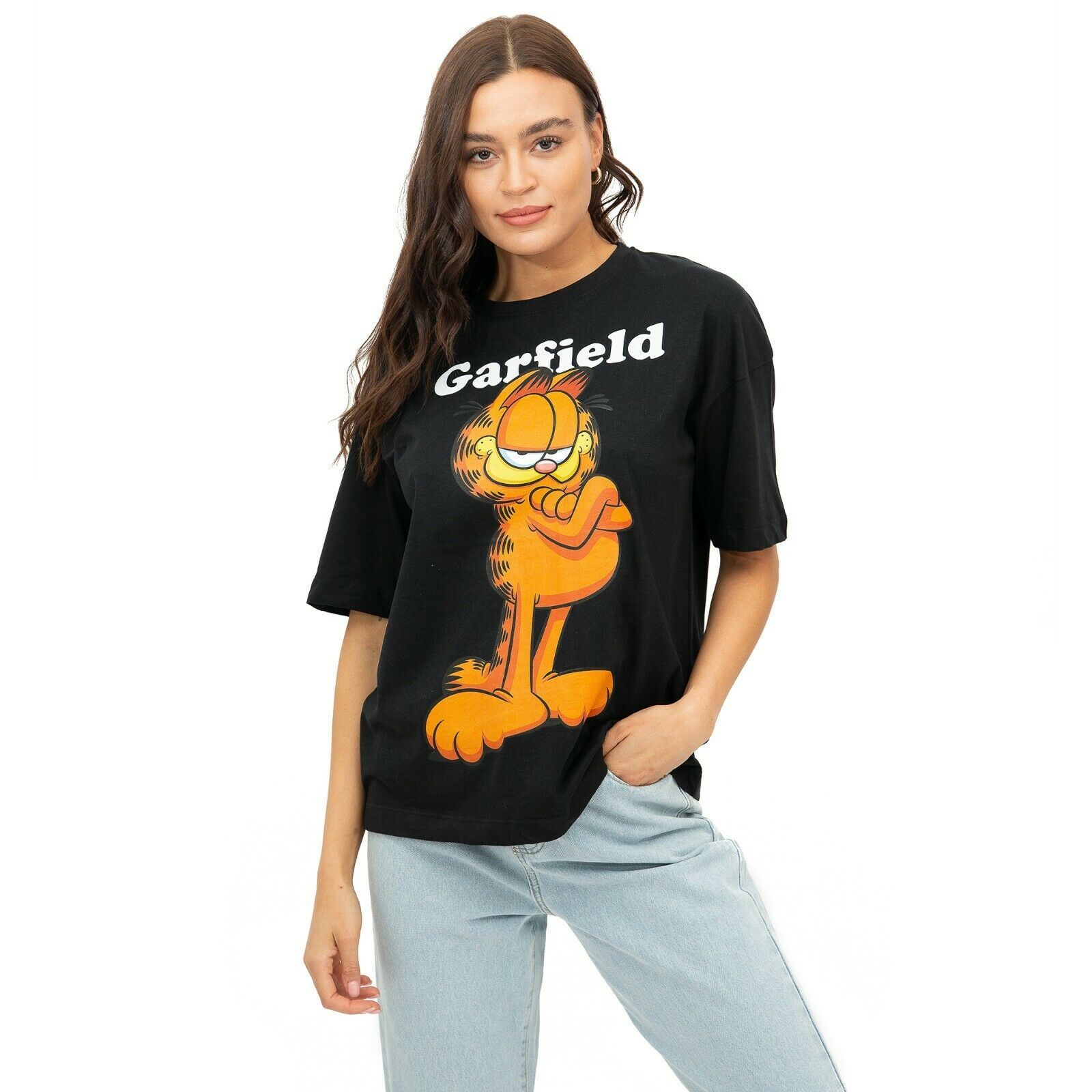 Official Garfield Ladies eBay - Black Oversized Smug Garfield T-Shirt S | XL