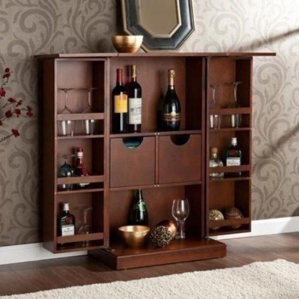 Walnut Finish Folding Home Bar Cabinet Liquor Wine Rack Storage