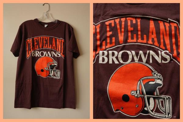 Vintage 1980s Cleveland Browns helmet logo short sleeve polo--tan--size Large