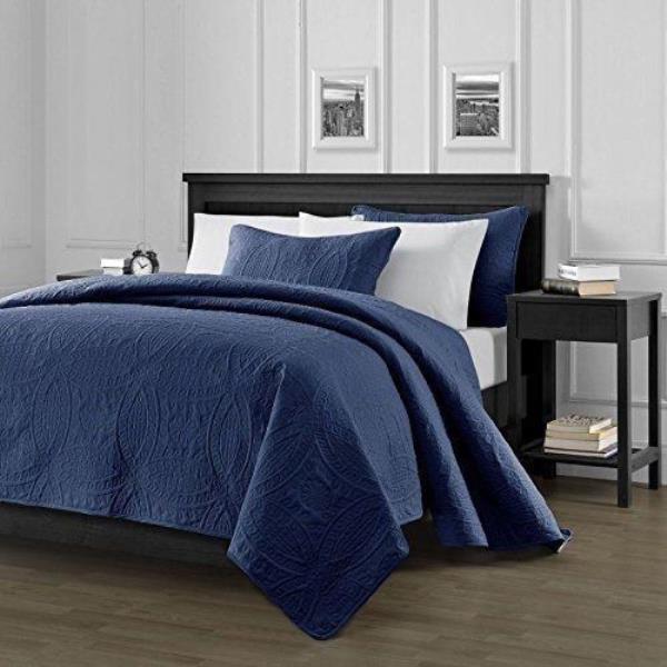 Solid Navy Blue 3 Pc Quilt Coverlet Set Oversized Bedspread Queen