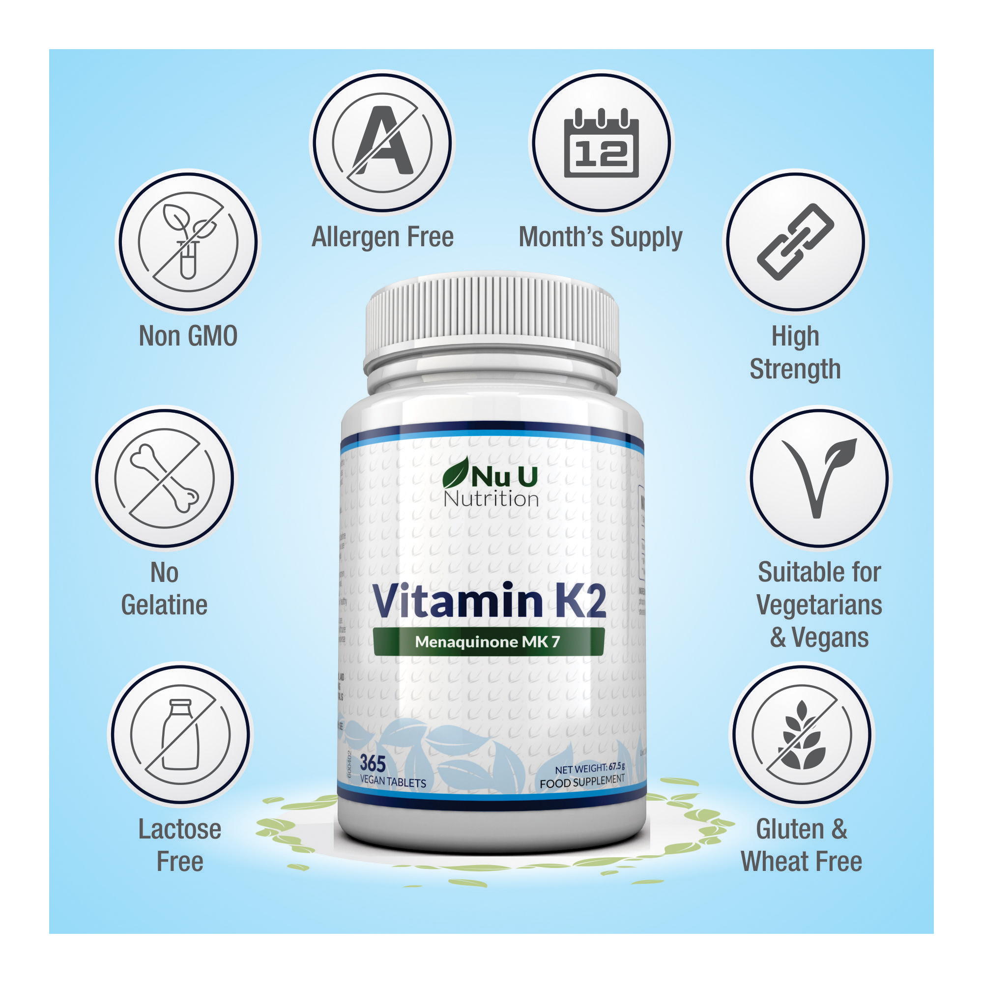 Vitamin K2 MK 7 0mcg - 2 Bottles 365 Vegetarian and Vegan Tablets By Nu U 12