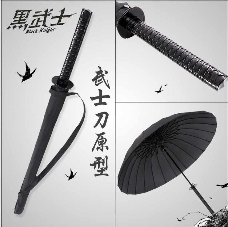 Japanese Katana Black Samurai Sword Handle Windproof Warrior Umbrella Strap Fold