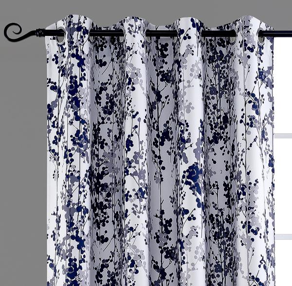 Set 2 Navy Blue Gray Grey White Fl, Navy Blue And Gray Curtains