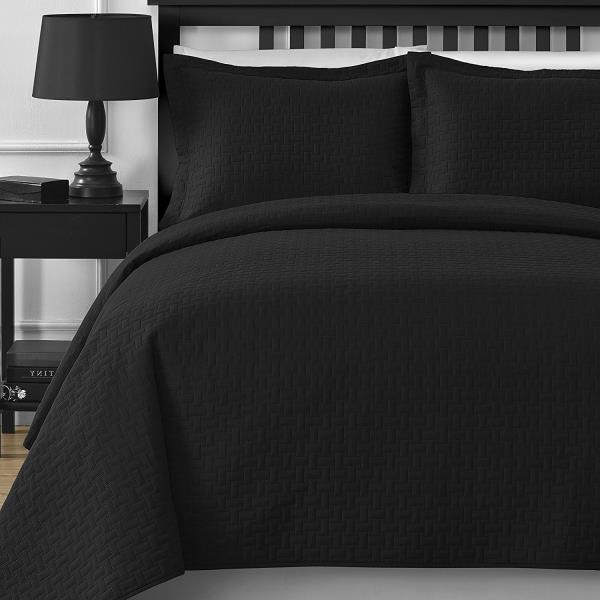 Full Queen Cal King Size Solid Black Oversized 3 Pc Quilt Set