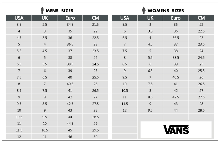 vans footwear size chart