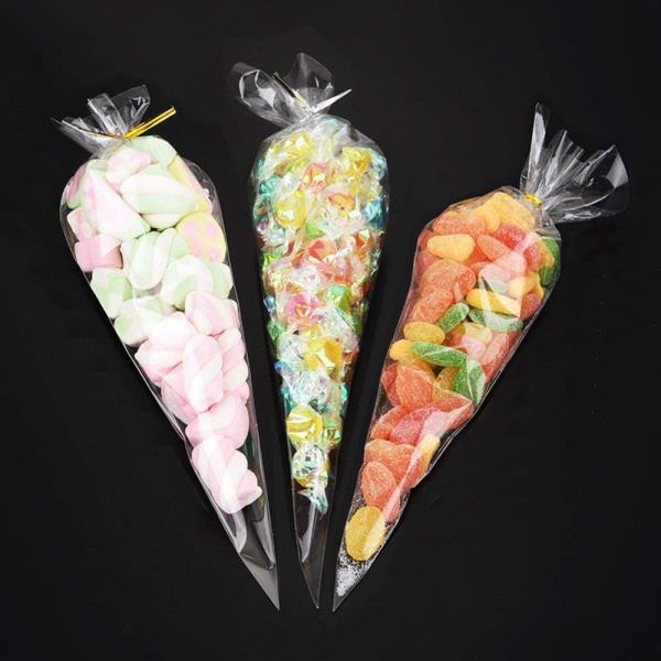 100x Transparent Cellophane Cône Sacs Twist Ties Grande Taille Fête Sweet CELLO Candy LS