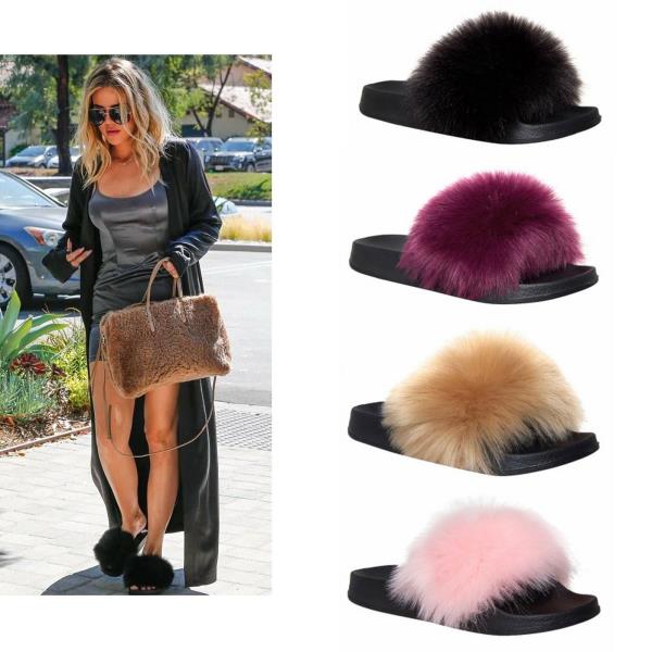 LADIES FAUX FUR SLIDERS WOMENS FURRY FLUFFY SLIPPERS FLIP FLOP SHOES SIZE