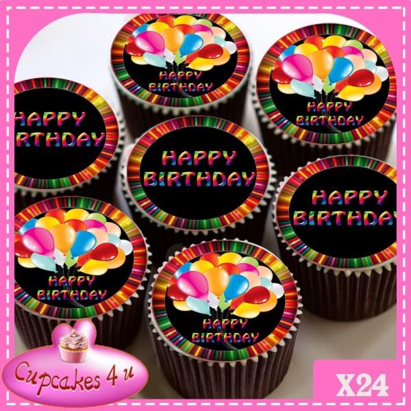 12 Pre Cut Happy Birthday Star and Balloon Edible Cupcake Decorations Toppers