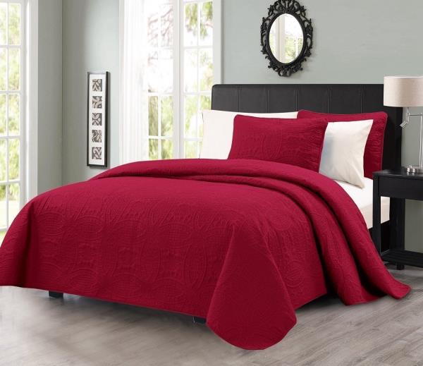 Queen King Size Solid Dark Red Embossed Oversized 3pc Quilt Set