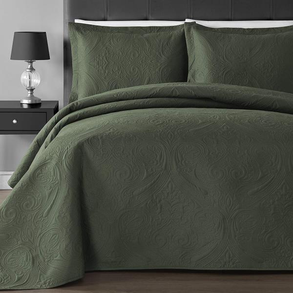 Solid Sage Green Oversized 3 Pc Quilt Set Coverlet Full Queen Cal