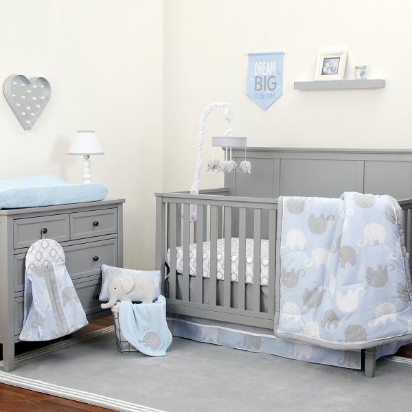 blue and gray baby bedding