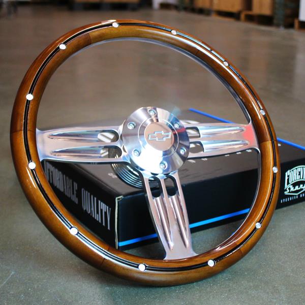 14/" Inch Polished /& Wood Steering Wheel with Billet Horn 6 Hole C10 Camaro