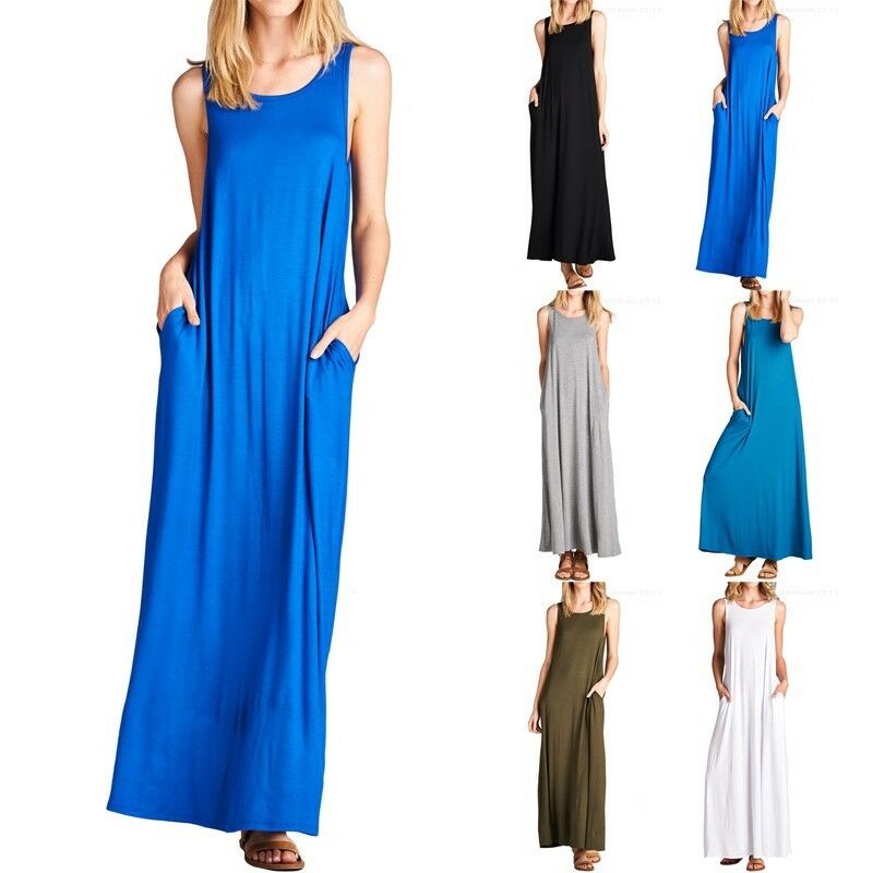 Solid Sleeveless Scoop Neck Full Length Maxi Dress with Side Pockets ...