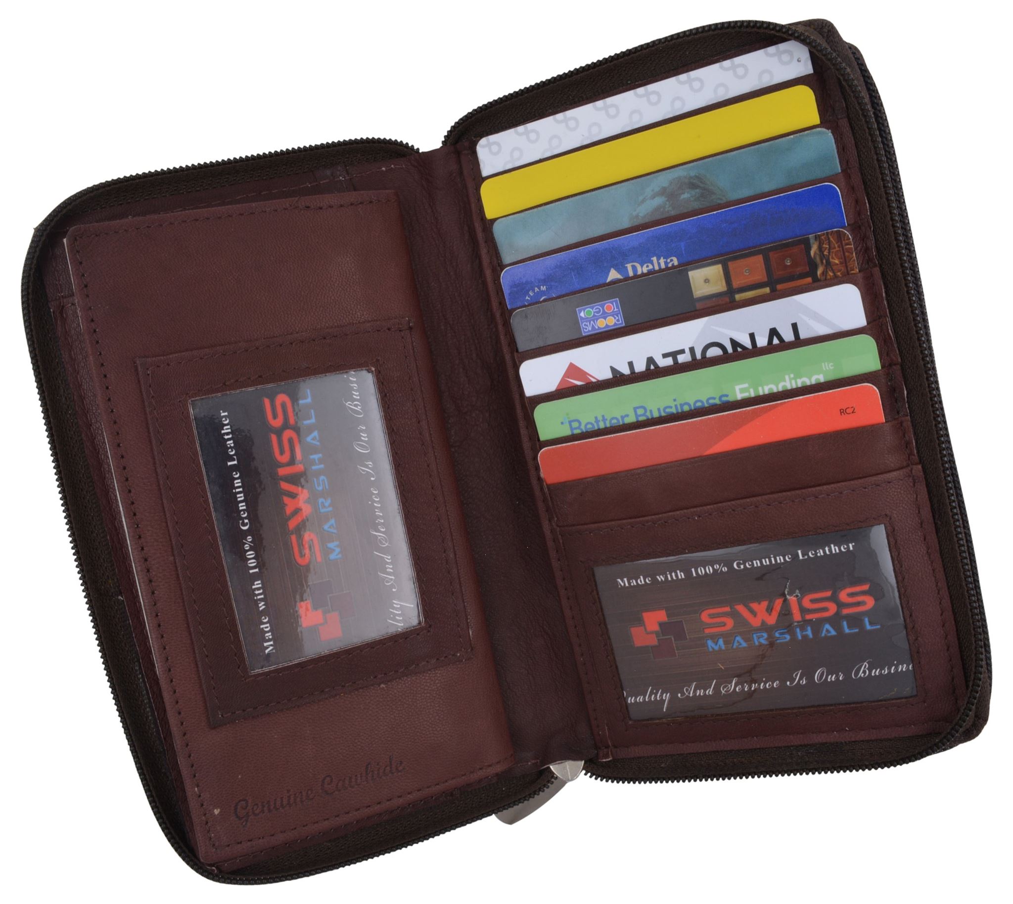 Genuine Leather ID Credit Card Checkbook Wallet ID Holder Zip Around for Men or Women