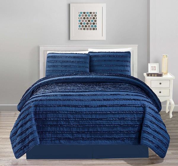 Queen Cal King Size Bed Navy Blue Stripe Ruffled 4 Pc Quilt Set