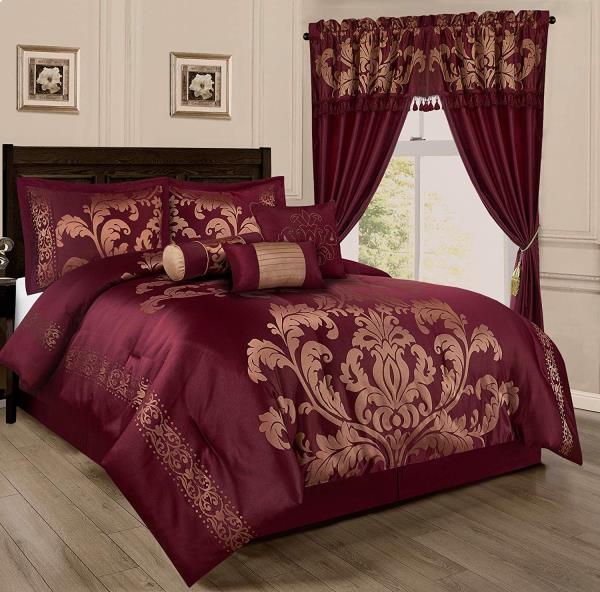 Full Queen Cal King Bed Burgundy Maroon Gold Floral Damask 7 Pc Comforter Set Ebay