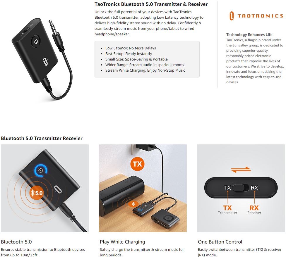 taotronics bluetooth 5.0 transmitter and receiver