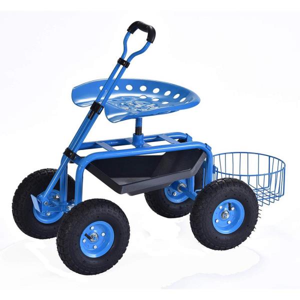Blue Outdoor Garden Swivel Seat Rolling Wheels Weeding Chair