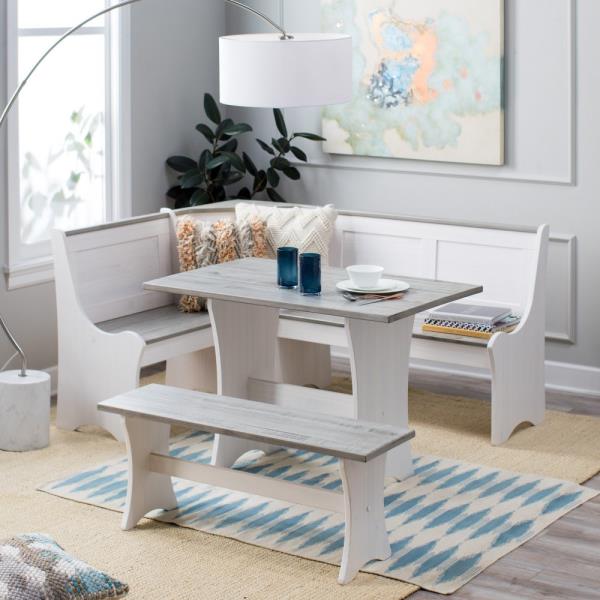 3 Pc White Gray Top Breakfast Nook Dining Set Corner Booth Bench Kitchen Table Ebay