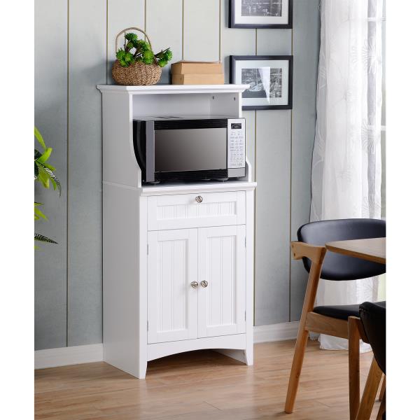 white microwave cart with two shelves and wheels
