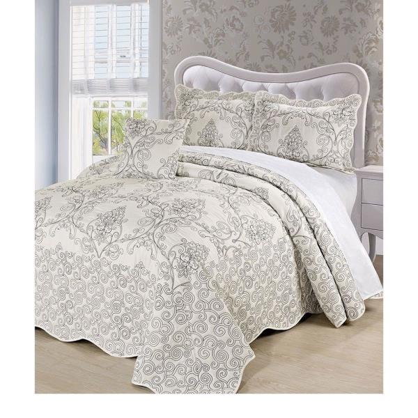 Queen King Bed Solid Off White Embroidered 4 Pc Quilt Set Coverlet