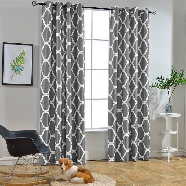 gray and white curtains with grommets