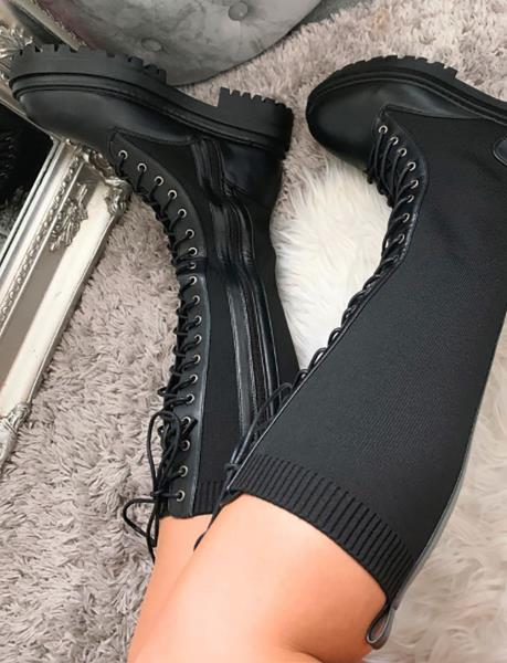 Details about   Womens Lace Chunky Sole Knee High Biker Boots Ladies Calf Stretch Combat Shoes