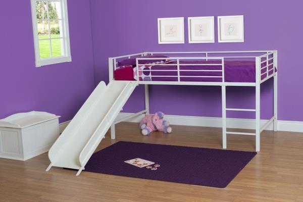 white metal loft bed with slide