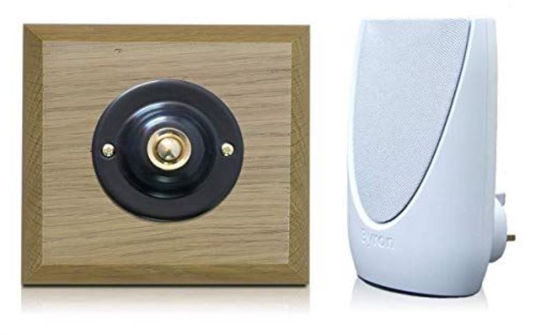 Byron 100m Wireless Period Plug-in Doorbell kit Black/brass Push on Mahogany