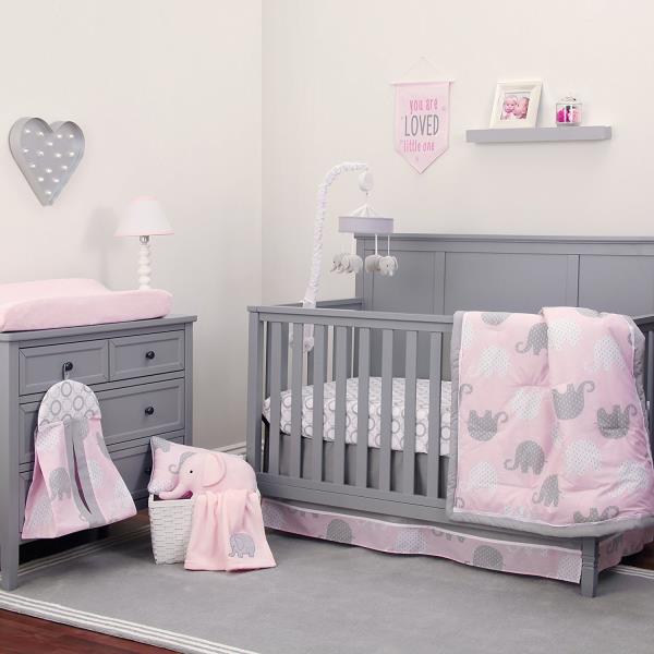 pink and gray nursery bedding