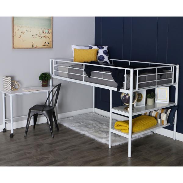 White Metal Junior Loft Bed Frame Twin Bunk Student Desk Storage