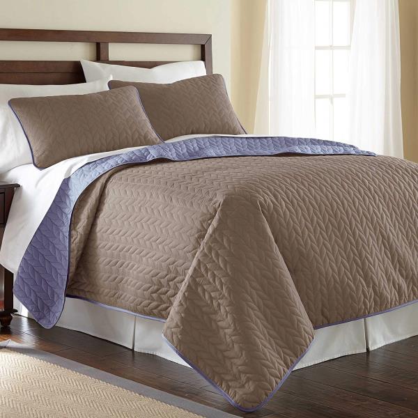 Queen King Size Bed Stone Brown Blue Reversible 3 Pc Quilt Set