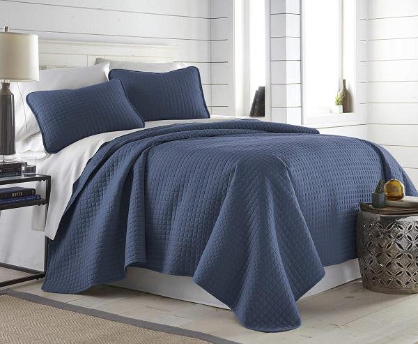 Solid Dark Blue Checked 3 Pc Quilt Set Twin Xl Full Queen Cal King
