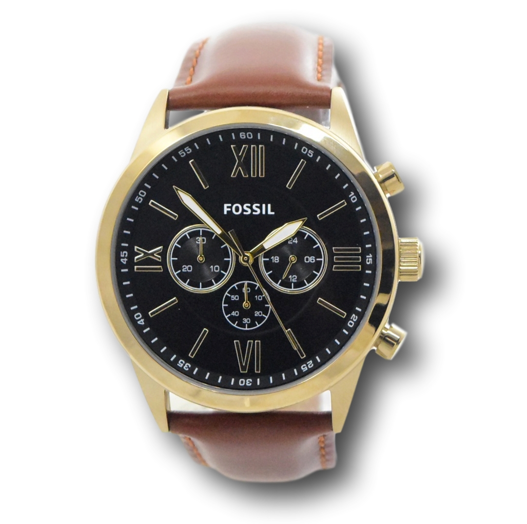 Fossil Flynn Men's 48mm Black & Gold Dial Brown Leather Chronograph ...