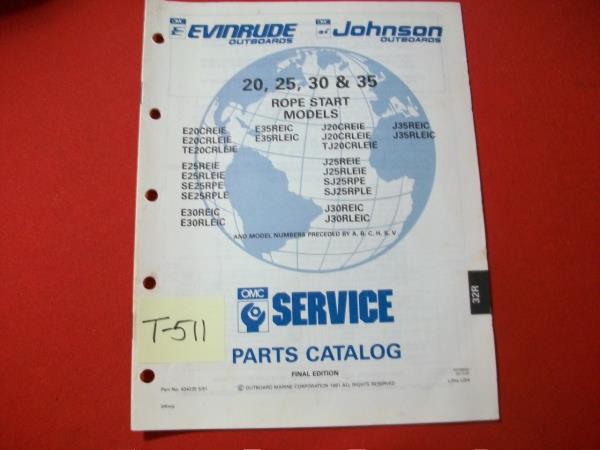 1992 OMC Johnson Evinrude 20 25 30 35 HP Outboard Parts Catalog Rope Models