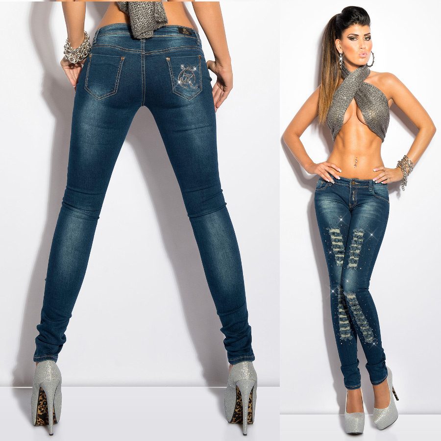 Womens New Ripped Super Skinny Jeans Designer Blue With Bling Sexy Low