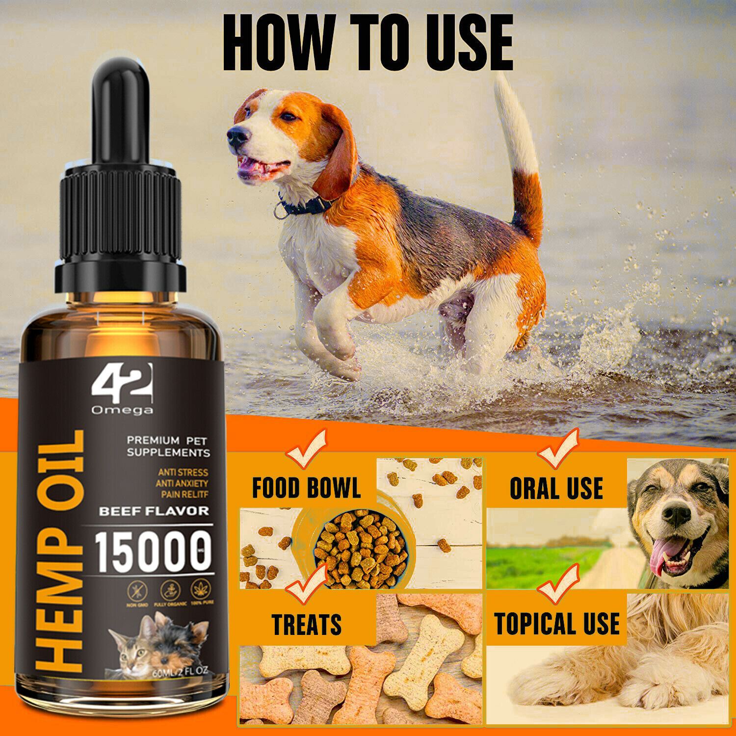 Hemp Oil For Dogs and Cats 15000mg 2oz Beef Flavor Calming/Arthritis