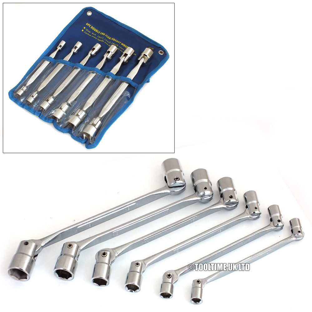 6pc Flexi-Head Box Socket Spanner Wrench Double Ended 8mm-19mm Garage Tool 